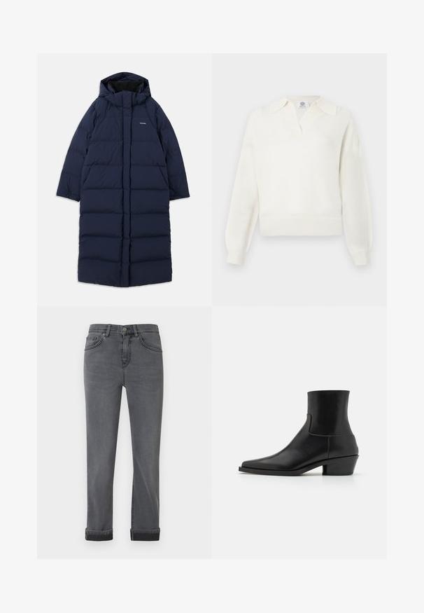 Mørkeblå lang puffjakke med hætte, rektangulært design, quiltet mønster, frontlynlås og indvendig foering. Har justerbare snore.; Hvid strikket sweater med V-hals og oversized krave. Har ribbede kanter og manchetter. Blød tekstur med en afslappet pasform.; Mænds mørkegrå denimjeans med lommer foran og bagpå, knaplukning og opkrøllede manchetter på en ensartet lys baggrund.; Sorte læder ankelstøvler med firkantet tå, mat finish og lav blokhæl. Har et glat, strømlinet design uden udsmykninger.