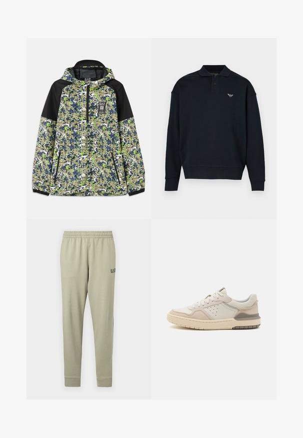 Jas met capuchon en halve rits, voorzien van een blauw, groen, wit en beige camouflagepatroon met zwarte schouderpanelen en ritszakken aan de voorkant.; Marineblauwe sweatshirt met een kraagontwerp, lange mouwen, geribbelde manchetten en een klein logo op de linkerborst. Zachte stoftextuur.; Lichtgroene trainingsbroek met een elastische tailleband, taps toelopende pijpen, zijzakken en EA7-logo op het bovenste linkerbeen. Zachte katoenen stof.; Sneakers in lichtcrème en tan suède, met vetersluiting, geperforeerde details en een geribbelde rubberen zool voor grip.