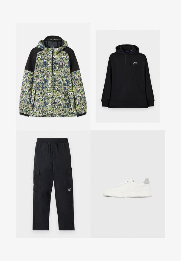 Jakke med hætte og halvlængde lynlås, prydet med blå, grøn, hvid og beige camouflage mønster samt sorte skulderpaneler og lynlåslommer foran.; Sort hættetrøje med forlommekangurulomme og lille hvid "A-CW"-logo på venstre bryst.; Sorte cargo bukser med elastisk talje, sidelommer og et lille logo på venstre ben. Fremstillet af let, glat stof.; Hvid lavtop-sneaker med gråt hælflig, hvide snørebånd og tekstureret sål, vist på en ensfarvet lys baggrund.
