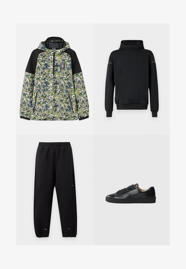 Jas met capuchon en halve rits, voorzien van een blauw, groen, wit en beige camouflagepatroon met zwarte schouderpanelen en ritszakken aan de voorkant.; Zwarte hoodie met een hoge hals, lange mouwen en een comfortabele pasvorm. Voorzien van een subtiel logo en een gladde textuur met een lichte glans op de schouderaccenten.; Zwarte joggingbroek met elastische tailleband en boorden, slim fit, subtiele stiksel-details en klein wit logo bij enkels en dij.; Zwarte leren sneaker met een gladde textuur, ronde neus en vetersluiting. Heeft een dikke rubberen zool en minimale merkaanpassing.