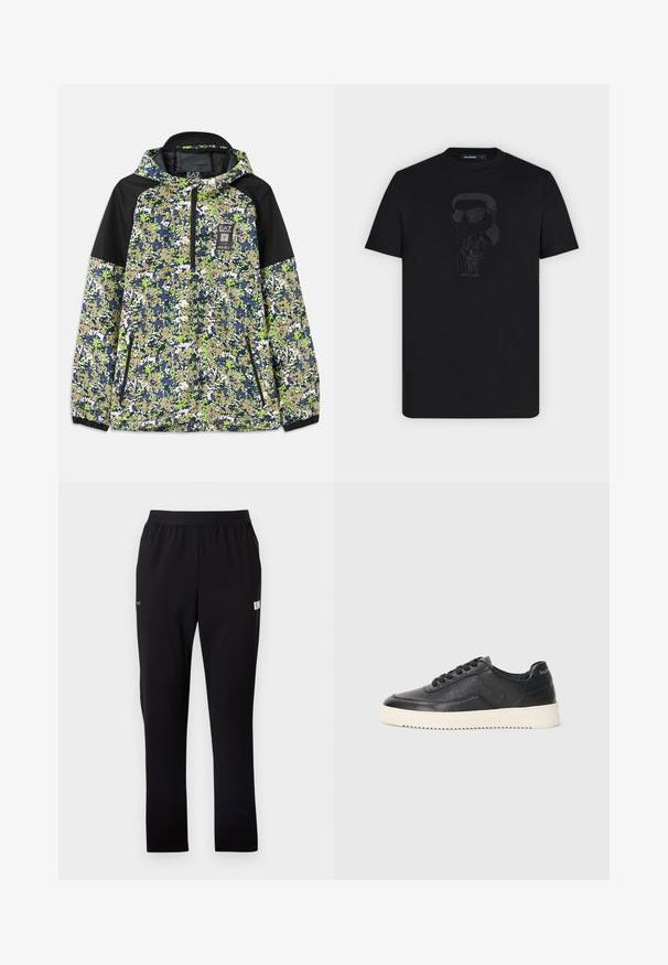 Jacke mit Kapuze und halbem Reißverschluss, mit einem blau-grün-weißen und beigefarbenen Camouflage-Muster, schwarzen Schulterpanelen und mit Reißverschluss versehenen Fronttaschen.; Schwarzes T-Shirt mit kurzen Ärmeln und einer aufgestickten Cartoon-Figur mit Sonnenbrille und Anzug, mittig auf der Brust, Größenetikett Medium innen sichtbar.; Schwarze Sporthose aus glattem, elastischem Material. Verfügt über einen elastischen Bund und seitliche Taschen. Einfaches, gerades Bein-Design.; Schwarze Leder-Sneaker mit strukturierter Oberfläche, runder Zehenpartie und flacher weißer Gummisohle. Features schwarze Schnürsenkel und Branding an der Ferse.