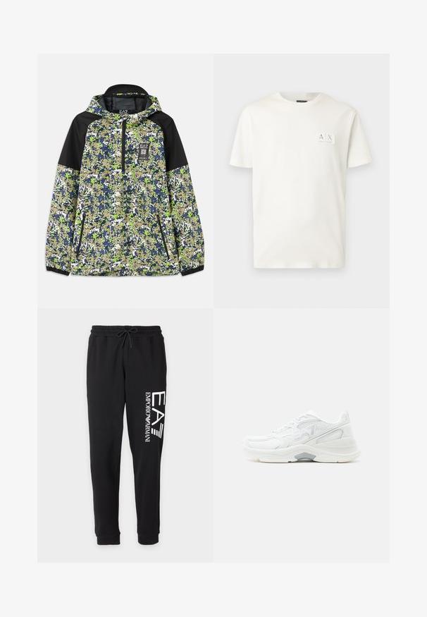 Jakke med hætte og halvlængde lynlås, prydet med blå, grøn, hvid og beige camouflage mønster samt sorte skulderpaneler og lynlåslommer foran.; Hvid bomulds T-shirt med rund hals og korte ærmer, prydet med et lille rektangulært logopatch i øverste venstre hjørne.; Sort joggingbukser med elastisk talje og snøre, med hvidt vertikalt "EA7 Emporio Armani" logo på det ene ben.; Hvid snøreløbesko med mesh og syntret overdel, polstret sål og diskret grå accent på mellemsålen, vist fra siden.