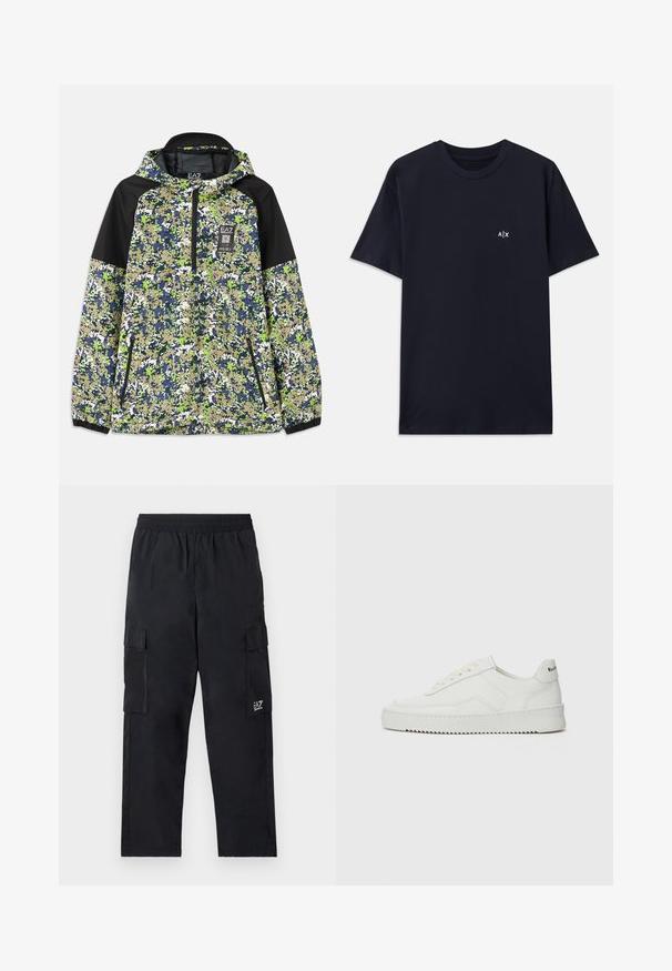 Jas met capuchon en halve rits, voorzien van een blauw, groen, wit en beige camouflagepatroon met zwarte schouderpanelen en ritszakken aan de voorkant.; Navyblauwe katoenen t-shirt met korte mouwen en een ronde hals. Heeft een klein wit "A|X" logo op de linkerkant van de borst.; Zwarte cargobroek met een elastische tailleband, zijzakken en een klein logo op het linkerbeen. Gemaakt van lichtgewicht, soepel materiaal.; Witte leren sneaker met een gladde afwerking, ronde neus, platte veters en een gestructureerde zool. Kenmerkt zich door een subtiel logo op de hiel.