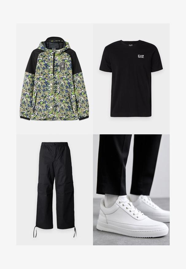 Jakke med hætte og halvlængde lynlås, prydet med blå, grøn, hvid og beige camouflage mønster samt sorte skulderpaneler og lynlåslommer foran.; Sort bomulds T-shirt med v-hals og korte ærmer. Har et hvidt EA7-logo på venstre bryst. Glat tekstur, standard pasform.; Sorte cargo-bukser lavet af letvægtsstof, med brede ben, elastisk talje og justerbare snore ved manchetterne. To sidelommer.; Hvide lædersneakers med en flad gummisål, der har en glat overflade, rund tå og metaløjer til snørebånd. Bæret med sorte bukser.