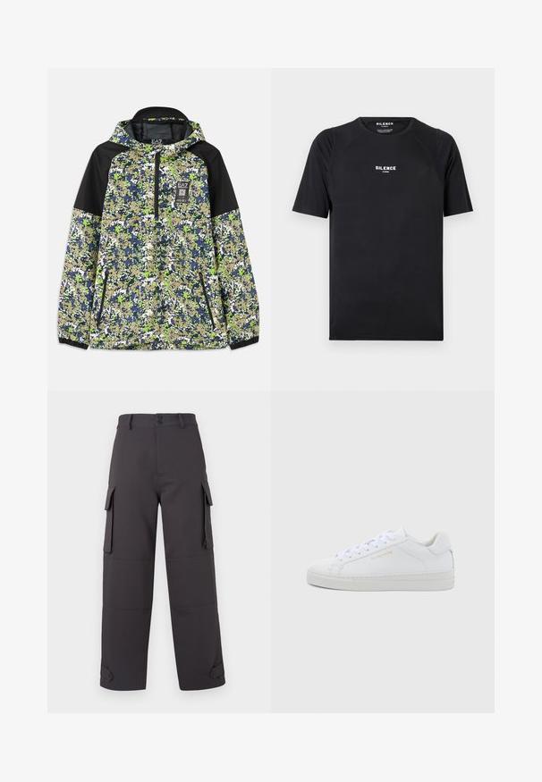 Jakke med hætte og halvlængde lynlås, prydet med blå, grøn, hvid og beige camouflage mønster samt sorte skulderpaneler og lynlåslommer foran.; Sort kortærmet t-shirt lavet af glat stof, med rund hals og et hvidt "SILENCE" logo på brystet.; Cargo bukser i mørkegrå, lavet af glat stof, med to sidelommer og knaplukninger. Løs pasform med opkrøllede kanter.; Hvide sneakers i lav model og læder med rund snude, flade snørebånd, tekstureret sål og diskret guldfarvet logo på siden. Glat overflade og minimalistisk design.