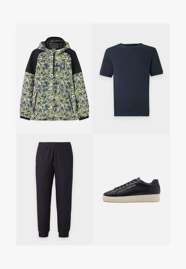 Jacke mit Kapuze und halbem Reißverschluss, mit einem blau-grün-weißen und beigefarbenen Camouflage-Muster, schwarzen Schulterpanelen und mit Reißverschluss versehenen Fronttaschen.; Dunkelblaue Baumwoll-T-Shirt mit kurzen Ärmeln, Rundhalsausschnitt und kleinem, strukturiertem Logo auf der linken Brustseite. Glatte Stoffoberfläche.; Schwarze, verjüngte Sweatpants mit elastischem Bund und Bündchen, mit subtil strukturiertem Muster und seitlichen Taschen.; Schwarze Leder-Sneaker mit glatter Oberfläche, kontrastierender cremefarbener Sohle, abgerundeter Spitze, goldfarbenem Logo an der Seite und sechs Ösen für die Schnürsenkel.