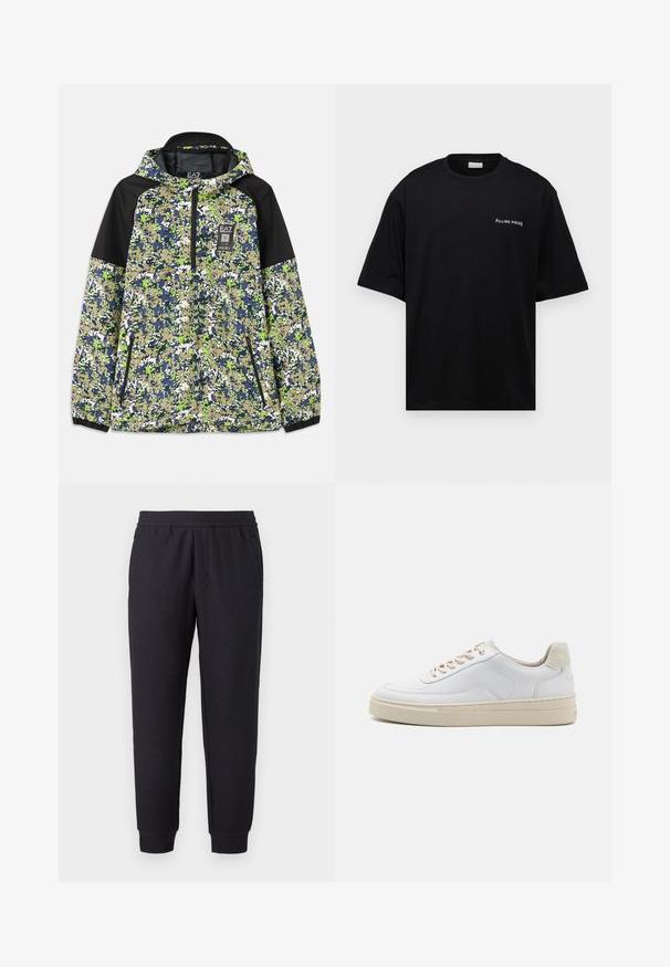Jakke med hætte og halvlængde lynlås, prydet med blå, grøn, hvid og beige camouflage mønster samt sorte skulderpaneler og lynlåslommer foran.; Sort bomulds t-shirt med en afslappet pasform, korte ærmer og et hvidt "FILLING PIECES" logo på venstre bryst. Glat tekstur.; Sorte, tilspidsede joggingbukser med elastisk talje og buksekant, med et diskret tekstureret mønster og sidelommer.; Hvide sneakers med en glat læderoverdel, beige snørebånd og en tekstureret beige ruskindsheel-tab. Hævet sål for ekstra højde.