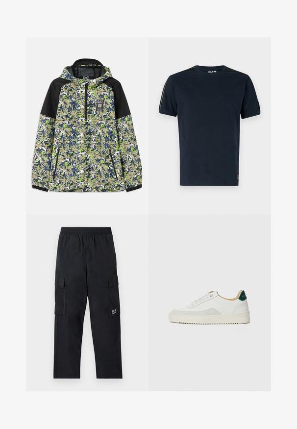 Jas met capuchon en halve rits, voorzien van een blauw, groen, wit en beige camouflagepatroon met zwarte schouderpanelen en ritszakken aan de voorkant.; Donkerblauw T-shirt van katoen met korte mouwen, ronde halslijn en gestructureerde schouderaccenten. Logo op de onderste linkerkant.; Zwarte cargobroek met een elastische tailleband, zijzakken en een klein logo op het linkerbeen. Gemaakt van lichtgewicht, soepel materiaal.; Witte sneaker met suède accenten, ronde neus, platte veters en een crème rubberen zool. Bevat groene branding op de hiel.