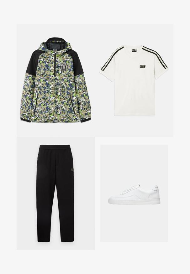 Jakke med hætte og halvlængde lynlås, prydet med blå, grøn, hvid og beige camouflage mønster samt sorte skulderpaneler og lynlåslommer foran.; Hvid bomulds t-shirt med rund halsudskæring, korte ærmer, sorte accentstriber på skuldrene og et lille EA7-logo på brystet.; Sorte tapered sweatpants med elastisk talje og lille trykt logo på øvre venstre lår.; Hvid lavt sneaker med snørelukning, glat læderoverdel og tyk sål, vist fra siden på en ensfarvet baggrund.