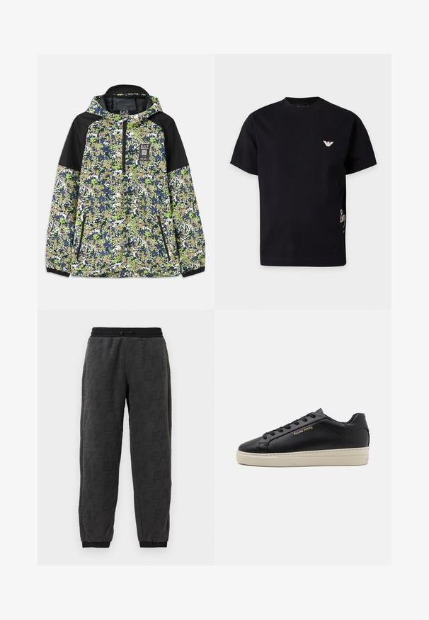Jakke med hætte og halvlængde lynlås, prydet med blå, grøn, hvid og beige camouflage mønster samt sorte skulderpaneler og lynlåslommer foran.; Sort T-shirt med korte ærmer med et lille hvidt logo på venstre bryst og delvis hvid skriftdetalje på højre side.; Grå joggerbukser med et tekstureret stof, der har et logo mønster over hele stoffet, elastisk talje og elastiske manchetter ved anklerne.; Sorte lædersneakers med en glat finish, kontrasterende cremefarvet sål, rund tå, guld logo på siden og seks huller til snørebånd.