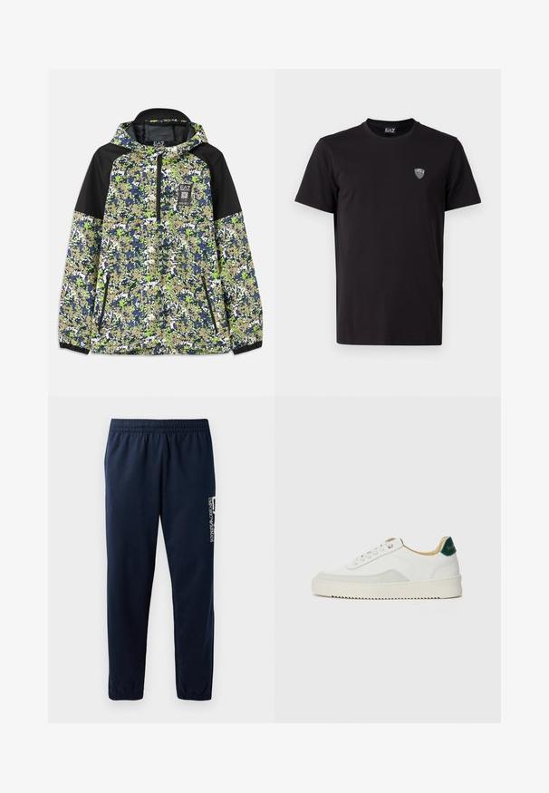 Jacke mit Kapuze und halbem Reißverschluss, mit einem blau-grün-weißen und beigefarbenen Camouflage-Muster, schwarzen Schulterpanelen und mit Reißverschluss versehenen Fronttaschen.; Schwarzes T-Shirt mit kurzen Ärmeln aus glattem Stoff, mit einem dezenten gestickten Logo auf der linken Brust und einem klassischen Rundhalsausschnitt.; Marineblaues Sweatpants mit elastischem Bund, zulaufenden Beinen und einem weißen Logo an der Seite. Glattes Gewebe mit leichter Textur.; Weiße Sneaker mit Wildlederelementen, runder Zehenpartie, flachen Schnürsenkeln und einer cremefarbenen Gummisohle. Mit grünen Markenlogo am Fersenbereich.