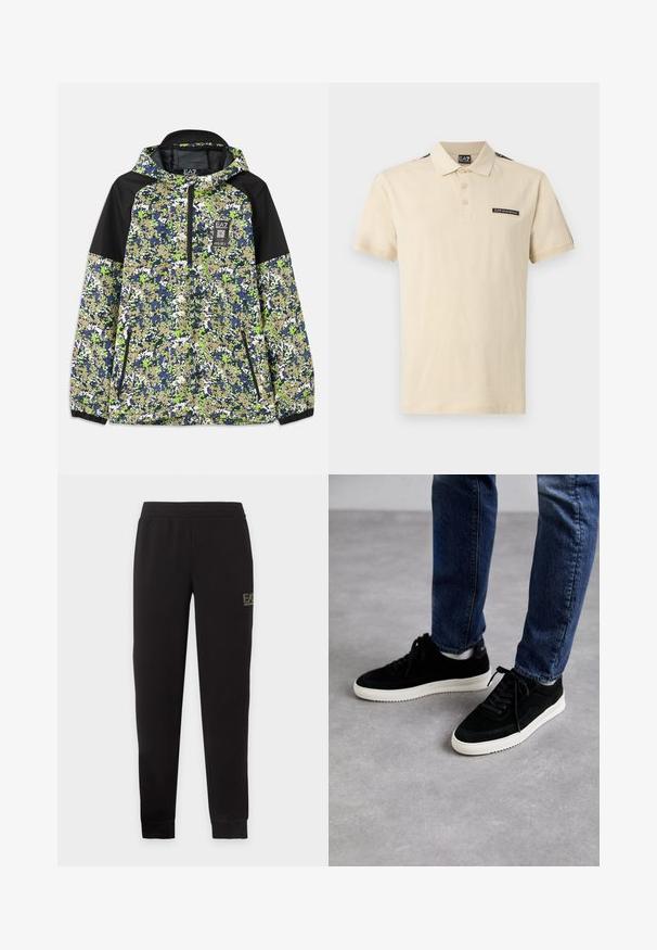 Jakke med hætte og halvlængde lynlås, prydet med blå, grøn, hvid og beige camouflage mønster samt sorte skulderpaneler og lynlåslommer foran.; Beige kortærmet polo med krave, tre knapper og EA7 Emporio Armani-logo på brystet og kravemærket.; Sorte sweatpants med tapering, elastisk talje og manchetter, med en lille EA7 Emporio Armani-logo på den øverste højre lår.; Sorte ruskind sneakers med en hvid gummisål, der har et klassisk low-top design, rundt tå og flade sorte snørebånd.