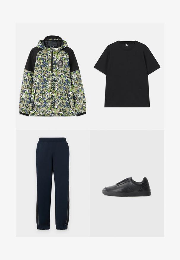 Jas met capuchon en halve rits, voorzien van een blauw, groen, wit en beige camouflagepatroon met zwarte schouderpanelen en ritszakken aan de voorkant.; Zwart kortebril T-shirt van katoen, met een ronde hals en een klein logo detail near de zoom. Gladde textuur, normale pasvorm.; Marineblauwe sweatpants met een zachte textuur, taps toelopende boorden en mesh zijpanelen. Elastische tailleband voor comfort en een casual pasvorm.; Zwarte leren sneaker met een gladde afwerking, ronde neus, textuurpaneel aan de zijkant en zwarte veters. Voorzien van een platte rubberen zool en een minimalistisch ontwerp.