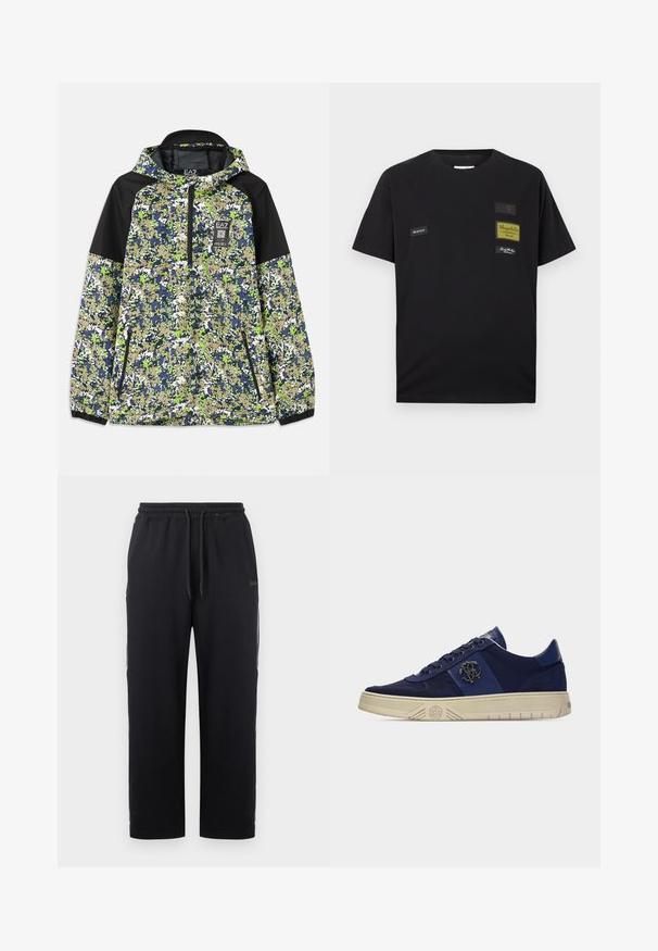 Jakke med hætte og halvlængde lynlås, prydet med blå, grøn, hvid og beige camouflage mønster samt sorte skulderpaneler og lynlåslommer foran.; Sort bomulds-T-shirt med korte ærmer. Har flere stoflapper i forskellige farver, herunder grøn og sort, med tekstdetaljer.; Sorte joggerbukser lavet af en bomuldsblanding med elastisk talje med snøre, sidelommer og et lige ben design.; Mørkeblå sneaker med beige sål, snørelukning og dekorativt metallisk logo på siden, vist på en hvid baggrund.