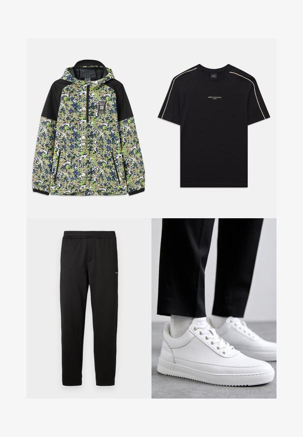 Jas met capuchon en halve rits, voorzien van een blauw, groen, wit en beige camouflagepatroon met zwarte schouderpanelen en ritszakken aan de voorkant.; Zwarte katoenen t-shirt met korte mouwen, ronde hals, beige accentstiksels op de schouders en ARMANI EXCHANGE logo in het midden.; Zwarte sportbroek gemaakt van zacht materiaal. Elastische tailleband en boorden. Voorzien van een klein logo aan de zijkant. Rechte pijp.; Witte leren sneakers met een platte rubberen zool, met een soepele afwerking, ronde neus en metalen oogjes voor de veters. Draag ze met een zwarte broek.