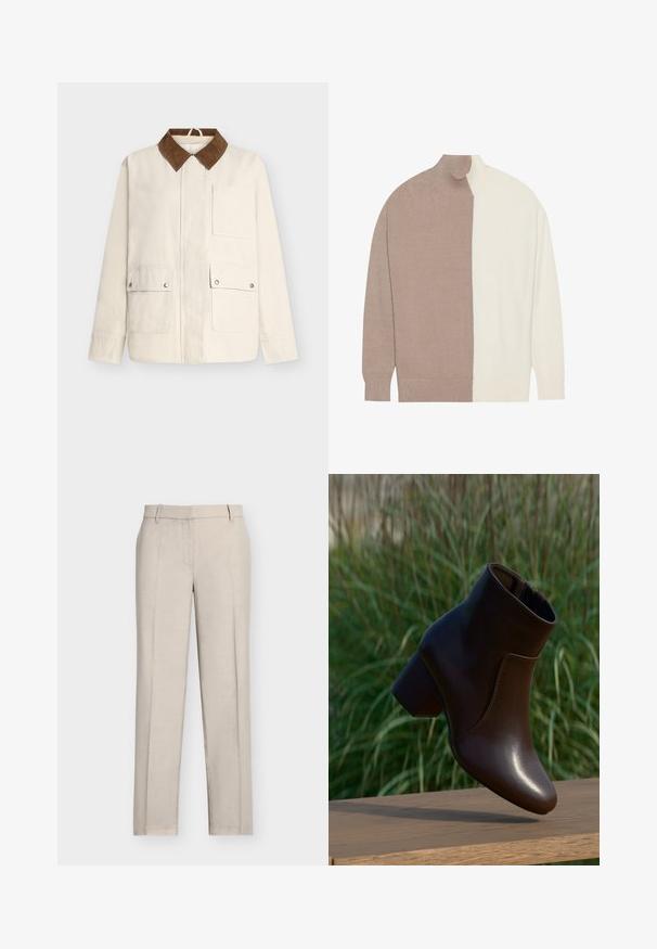 Veste beige avec col marron, fermeture éclair à l'avant et trois poches avant : deux avec rabats à bouton-pression et une poche ouverte sur la poitrine.; Pull en col roulé avec un design en coloris blocs beige clair et crème, fabriqué à partir d'un matériau en tricot doux, avec des poignets et un ourlet côtelés.; Pantalon beige droit avec plis devant, passants pour ceinture et fermeture avant dissimulée, présenté sur un fond blanc uni.; Bottine en cuir marron foncé à talon bloc flottant au-dessus d'une surface en bois, avec un arrière-plan flou d'herbe verte.