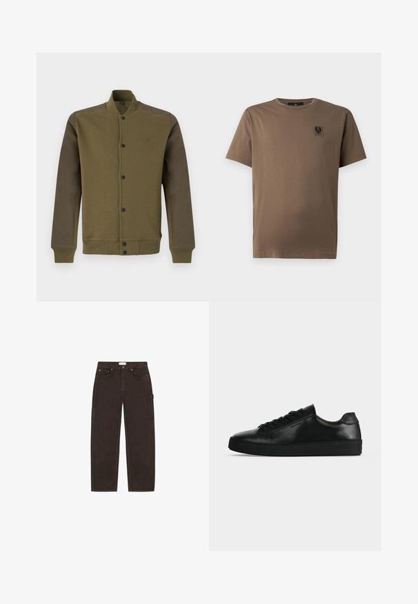 Blouson bomber vert olive avec manches vert foncé, boutons-pression devant, col, poignets et bas côtelés.; T-shirt marron uni à manches courtes et col rond, avec un petit patch carré avec logo sur la partie gauche de la poitrine.; Jean droit marron foncé avec poches avant, passants de ceinture, fermeture par bouton et détail d'une boucle latérale sur fond blanc.; Basket basse en cuir noir avec lacets noirs et semelle épaisse noire, vue de profil sur fond gris clair.