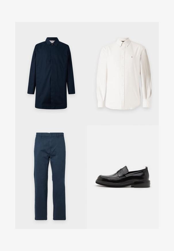 Marineblauer langer Mantel mit Kragen, Frontknopfverschluss, zwei seitlichen Taschen und gerader Silhouette, aus einem glatten Material gefertigt.; Langärmliges, weißes Button-Down-Hemd aus strukturiertem Stoff mit feinen vertikalen Streifen und einem kleinen Logo auf der linken Brust.; Marineblaue Baumwollhose mit geradem Schnitt, ausgestattet mit einem vorderen Knopfverschluss, Gürtelschlaufen und Seitentaschen. Glatte Textur, ohne Muster.; Calvin Klein MOCCASIN - Business-Slipper - black