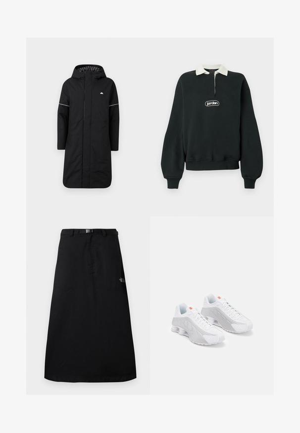 Gabardina negra larga con capucha, que cuenta con un cierre frontal, ribetes de acento blancos y un forro interior a rayas. Logo en el pecho. Textura suave.; Sudadera negra de manga larga, cuello blanco, cremallera frontal hasta el pecho y parche de logo central. Tela suave con puños y dobladillo acanalados.; Falda midi negra con cinturón de cintura ajustable y logo de The North Face en el lado derecho.; Zapatillas deportivas blancas con acentos grises, que cuentan con un Upper texturizado, perforaciones para ventilación y un talón segmentado para amortiguación.