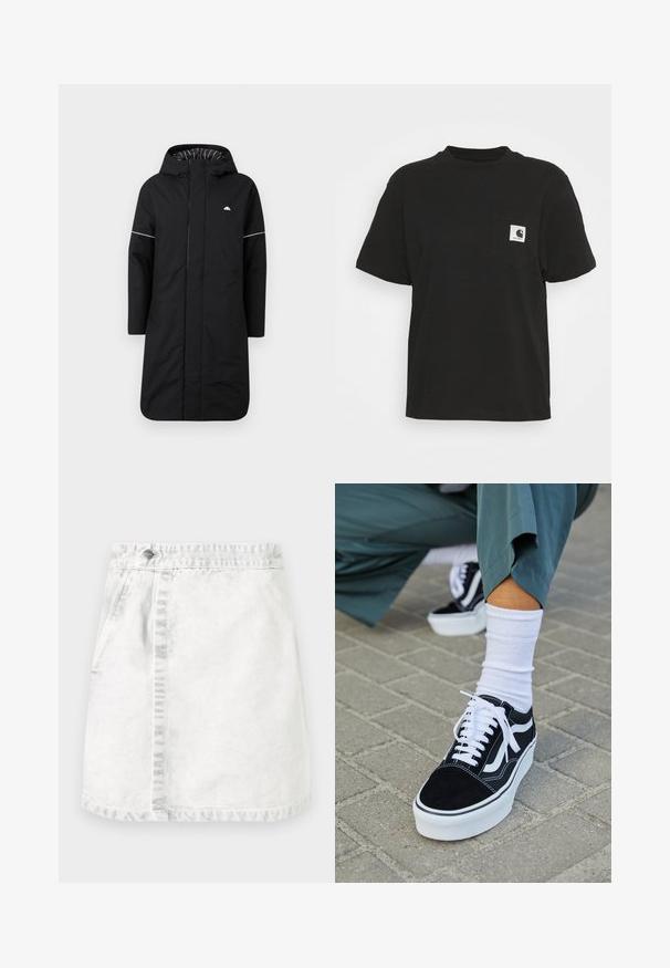 Zwarte lange regenjas met een capuchon, voorzien van een voorrits, witte accentpiping en een gestreepte binnenvoering. Logo op de borst. Glad textuur.; Zwarte katoenen T-shirt met korte mouwen, ronde hals en een voorzak met een vierkant logo in wit en zwart.; Denimrok in lichtgrijs. A-lijn ontwerp met voorzakken, een zichtbare naad in het midden en een enkele metalen knop op de tailleband.; Zwarte suède sneaker met witte accenten en veters, uitgerust met een dikke witte zool en contrasterende stiksels, gecombineerd met een witte sok.