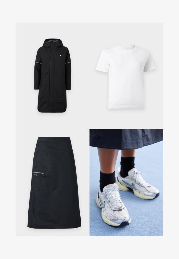 Gabardina negra larga con capucha, que cuenta con un cierre frontal, ribetes de acento blancos y un forro interior a rayas. Logo en el pecho. Textura suave.; Camiseta blanca lisa de manga corta con cuello redondo mostrada sobre un fondo gris claro.; Falda negra hasta la rodilla con un bolsillo lateral con cremallera que lleva el logo "obey" sobre un fondo liso.; Zapatillas Nike blancas y plateadas con tejido de malla, detalles reflectantes y una suela beige. Llevadas con calcetines negros, de pie sobre una superficie azul.