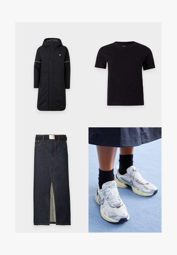 Zwarte lange regenjas met een capuchon, voorzien van een voorrits, witte accentpiping en een gestreepte binnenvoering. Logo op de borst. Glad textuur.; Effen zwart T-shirt met korte mouwen en een ronde hals, met een subtiel logo op de linkerborst, weergegeven op een neutrale grijze achtergrond.; Denim midi-rok in donkerblauw met een voorste split. Voorzien van gele stiknaden en een zwarte riem met een zilveren gesp. Eenvoudig, recht ontwerp.; Witte en zilveren Nike sneakers van meshstof, met reflecterende accenten en een beige zool. Gedragen met zwarte sokken, staand op een blauwe ondergrond.