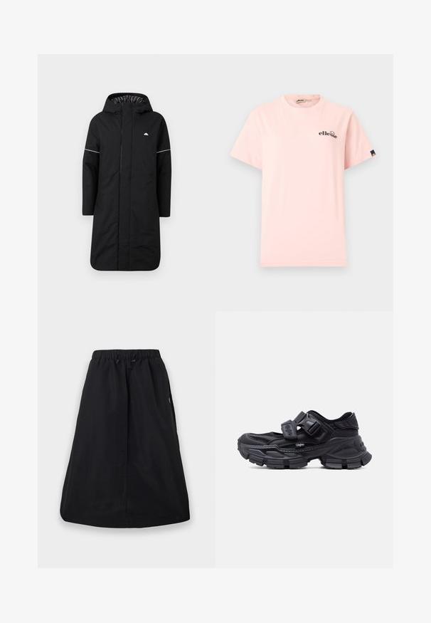 Sort lang regnfrakke med hætte, med en frontlynlås, hvid accentpiping og en stribet indvendig foring. Logo på brystet. Glat tekstur.; Lyserød kortærmet t-shirt med rund hals, lille sort "ellesse" logo på venstre bryst og en sort mærkat med logo på venstre ærme.; Sort A-formet nederdel med elastisk taljebånd og justerbar snøre, knælængde, ensfarvet design med sidelommer.; Kraftig sort sneaker med ventileret mesh og læderoverdel, justerbare velcrolukninger, tyk tekstureret sål og mærket logo på siden.