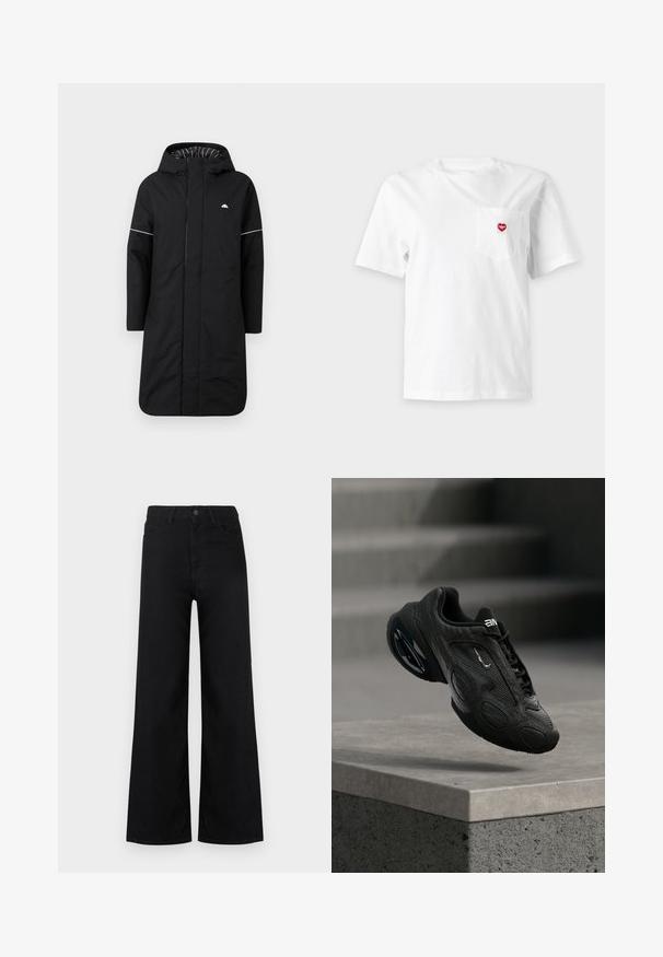 Sort lang regnfrakke med hætte, med en frontlynlås, hvid accentpiping og en stribet indvendig foring. Logo på brystet. Glat tekstur.; Hvid T-shirt med korte ærmer med en lille brystlomme med en rød hjerteformet logo på en ensfarvet lys baggrund.; Sorte højttaljede vidde-jeans med lommer foran og bagpå, lukning med knap og lynlås, vist mod en hvid baggrund.; Sort atletiksko med tekstureret læderoverdel, fremtrædende logo og polstret sål. Indeholder abstrakte mønstre og glatte, afrundede detaljer.