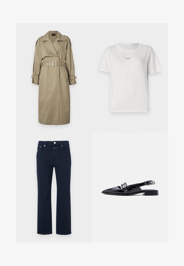 Maje GREENA - Trench - kaki; T-shirt en coton blanc à manches courtes, avec un petit motif noir d'ailes sur la poitrine et un col rond classique.; Jean en coton bleu marine avec une coupe droite, comprenant cinq poches, une fermeture à glissière et un bouton en métal. Texture lisse avec des détails de couture.; Ballerine pointue en cuir verni noir avec double boucle argentée et talon slingback sur fond blanc.