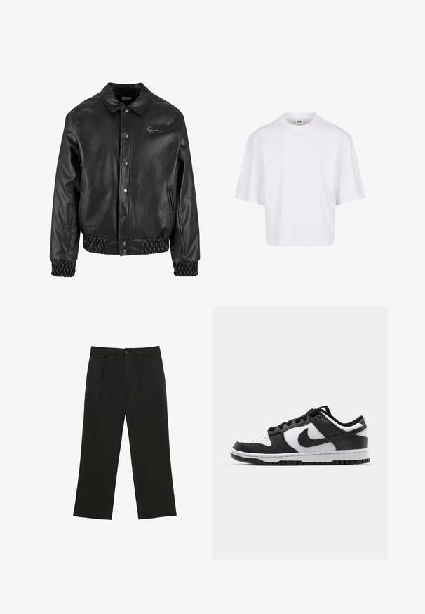 Schwarze Lederjacke mit einem Kragen, Druckknöpfen, Seitentaschen sowie elastischen Rippbündchen am Saum und an den Ärmeln. Verfügt über ein dezentes Logo.; Weißes Kurzarm-T-Shirt mit Rundhalsausschnitt und lockerer Passform, gefertigt aus einem glatten Baumwollmischgewebe. Keine Muster oder Verzierungen.; Schwarze gerade geschnittene Hose mit Gürtelschlaufen, Vorderknopf und Reißverschluss, flach auf weißem Hintergrund liegend.; Schwarze und weiße Nike Dunk Sneakers mit einem Obermaterial aus Leder, perforierter Zehenpartie, schwarzen Schnürsenkeln und einer schwarzen Gummisohle mit Profildesign.
