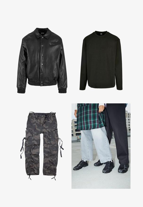 Sort læderjakke med krave, trykknapper, sidelommer og elastisk ribstrik i kanten og ved håndleddene. Har et diskret logo.; Sort langærmet t-shirt i bomuld med rund halsudskæring og lige kant. Minimalistisk design uden mønstre eller detaljer.; Kamuflage cargo bukser i nuancer af grå og sort, lavet af stof med en let struktureret overflade. Har flere lommer og snore i kanten.; Sorte atletik sko med mesh- og gummidetaljer. Båret med lysegrå vide jeans og en ternet grøn bluse. Flad overflade i baggrunden.