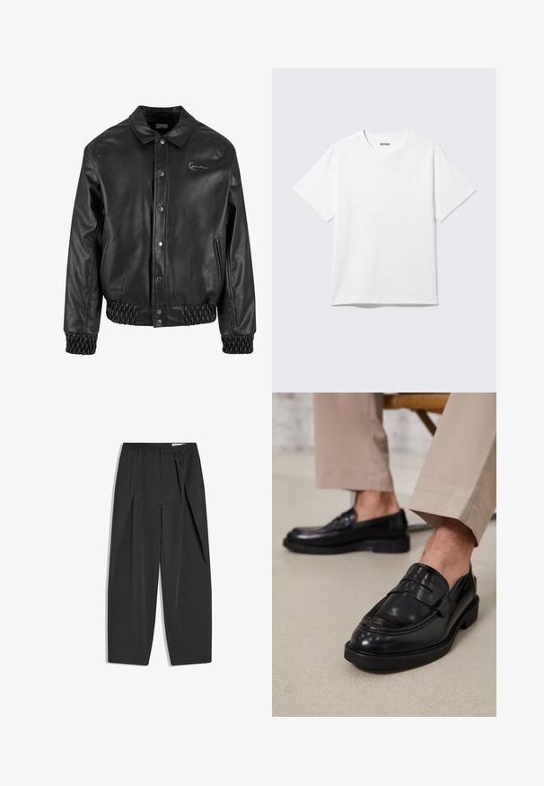 Sort læderjakke med krave, trykknapper, sidelommer og elastisk ribstrik i kanten og ved håndleddene. Har et diskret logo.; Hvid kortærmet crewneck T-shirt lagt fladt ud, ensfarvet design, med "WEEKDAY" mærkat inde i kraven på en lys baggrund.; Sorte sorte bukser med høj talje, skræddersyede med læg, bæltestropper og lige ben, vist fladt på en hvid baggrund.; Sorte lædermokkasiner med en glat overflade, der har en dekorativ rem og kontraststing, parret med beige bukser.