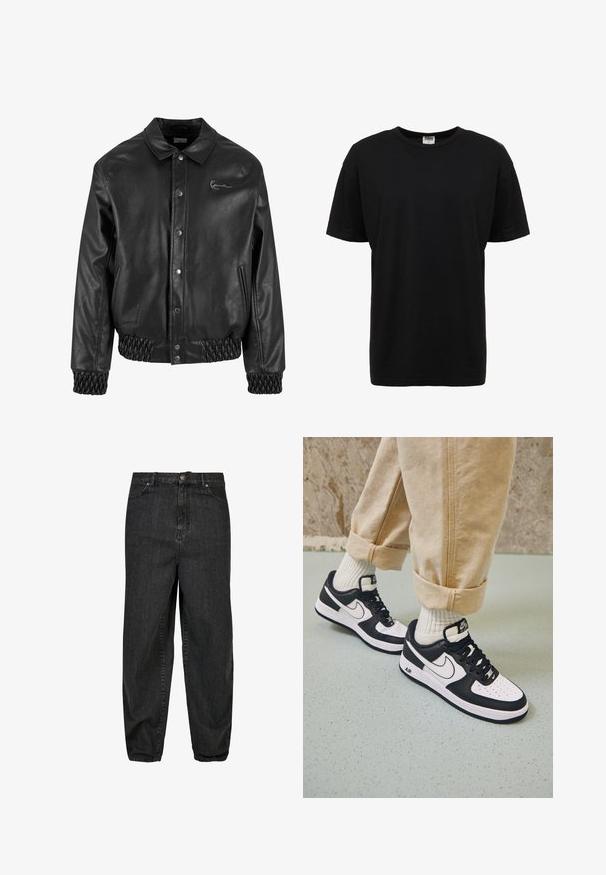 Zwarte leren jack met een kraag, drukknoopsluiting, zijzakken en elastische ribgebreide zoom en manchetten. Bevat een subtiele logo.; Zwart katoenen T-shirt met ronde hals, korte mouwen, standaard pasvorm, soepele textuur en geen zichtbare patronen of accenten.; Zwarte spijkerbroek van denim met een relaxte pasvorm, voorzien van een sluiting met een knoop aan de voorkant, vijf zakken en subtiele vervagingsdetails op de stof.; Zwart-witte Nike Air Force 1 sneakers met een leren bovenwerk, geperforeerde neus en gestructureerde zooldetails, gedragen met opgerolde beige broek en witte sokken.