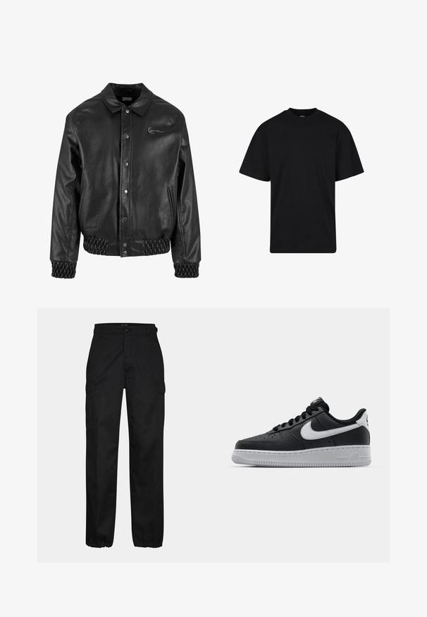 Sort læderjakke med krave, trykknapper, sidelommer og elastisk ribstrik i kanten og ved håndleddene. Har et diskret logo.; Sort T-shirt med korte ærmer og rund hals, afslappet pasform, ensfarvet design uden synlige logoer eller mønstre.; Sorte cargo bukser med lige pasform, der har sidelommer, knaplukning og elastiske manchetter ved anklerne. Fremstillet af slidstærkt stof.; Sort lædersneaker med tekstureret overflade, hvid Nike swoosh, grå sål, rund tå og snørebåndsdesign. Har perforeringer på tåboksen.