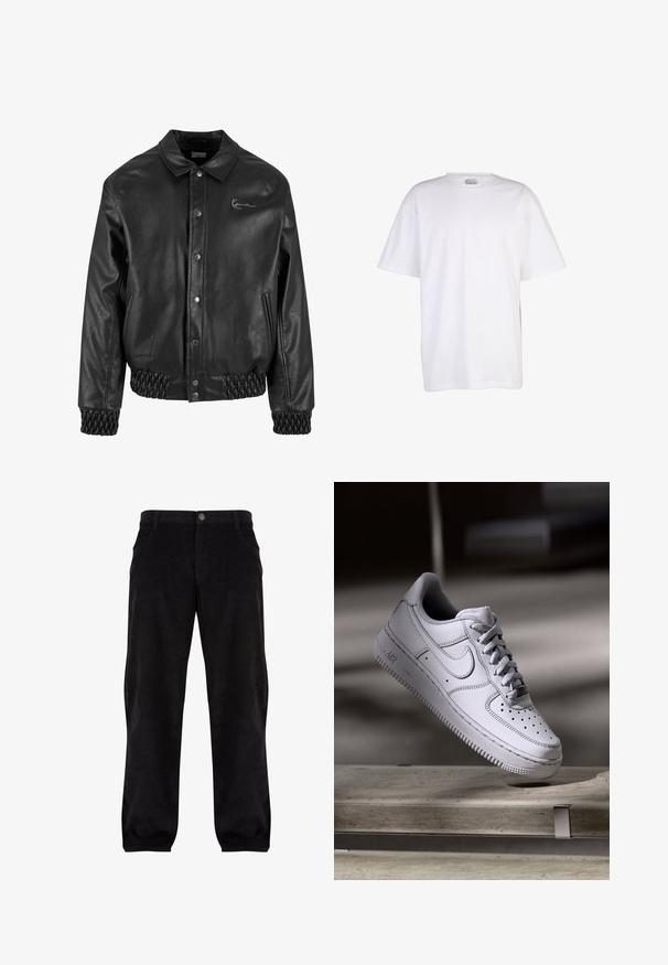 Schwarze Lederjacke mit einem Kragen, Druckknöpfen, Seitentaschen sowie elastischen Rippbündchen am Saum und an den Ärmeln. Verfügt über ein dezentes Logo.; Schlichtes weißes Kurzarm-T-Shirt aus Baumwolle mit rundem Ausschnitt und lockerem Schnitt, auf weißem Hintergrund dargestellt.; Schwarze Cordhosen mit geradem Schnitt, ausgestattet mit einem Frontknopf und einem Reißverschluss, zwei seitlichen Taschen und strukturierten Rillen.; Weißer Nike Air Force 1 Sneaker aus Leder mit perforierter Zehenpartie, flachen Schnürsenkeln und strukturierter Gummisohle mit "AIR"-Branding an der Seite.