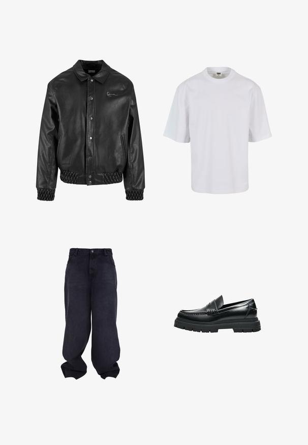 Schwarze Lederjacke mit einem Kragen, Druckknöpfen, Seitentaschen sowie elastischen Rippbündchen am Saum und an den Ärmeln. Verfügt über ein dezentes Logo.; Weißes T-Shirt mit kurzen Ärmeln aus Baumwolle. Verfügt über einen Rundhalsausschnitt und einen lockeren Schnitt mit glatter Oberfläche sowie ohne sichtbare Muster oder Grafiken.; Schwarze übergroße Baggy-Jeans mit Knopf- und Reißverschluss vorne, Vordertaschen und lockeren, weiten Beinen.; Schwarzer Leder-Slipper mit dicker Profilsohle und Pennyriemen-Detail, seitlich auf weißem Hintergrund gezeigt.