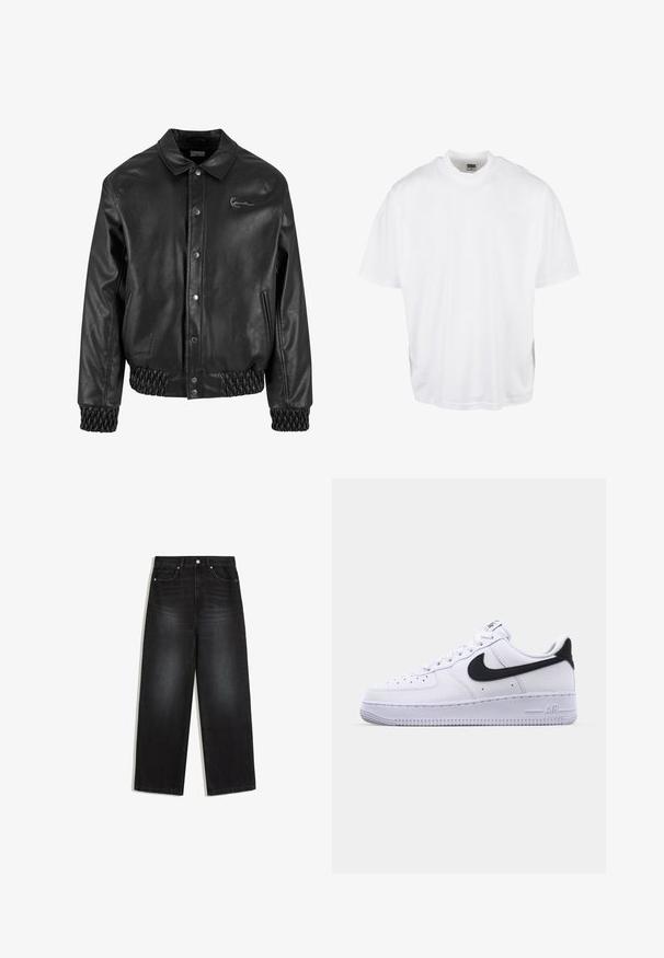 Schwarze Lederjacke mit einem Kragen, Druckknöpfen, Seitentaschen sowie elastischen Rippbündchen am Saum und an den Ärmeln. Verfügt über ein dezentes Logo.; Weißes Baumwoll-T-Shirt mit lockerer Passform, kurzen Ärmeln und rundem Halsausschnitt, mit geradem Saum und ohne sichtbare Grafiken oder Muster.; Schwarze Jeans mit hoher Taille und geradem Bein, mit Vordertaschen, Knopfverschluss und dezenten ausgewaschenen Details an Oberschenkeln und Knien.; Weißes Leder-Sneaker mit einem strukturierten schwarzen Swoosh, flachen Schnürsenkeln und einer Gummisohle mit genoppetem Muster. "AIR" ist auf der Ferse eingeprägt.