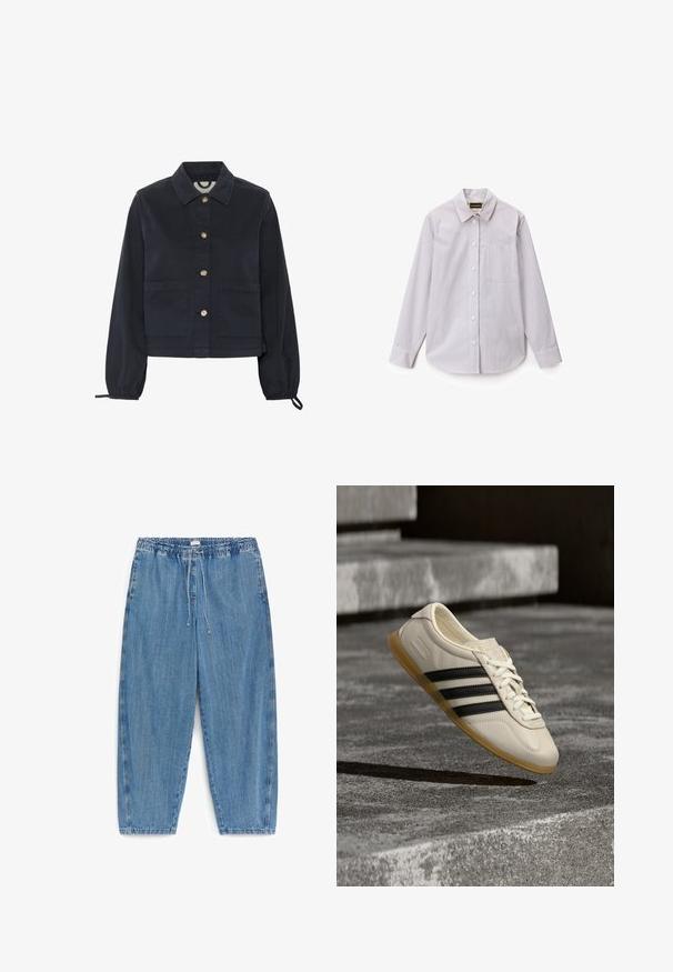 Marineblå bomuldsjakke med krave, frontlukning med knapper og elastiske ærmer. Har to frontlommer og et cropped design.; Napapijri MARCORA - Skjortebluser - beige; Lyseblå denimbukser med elastik i taljen og snor, lige pasform og sidelommer, vist mod hvid baggrund.; Hvid sneaker med sorte striber og gummisål svæver over betontrapper i blødt dagslys.