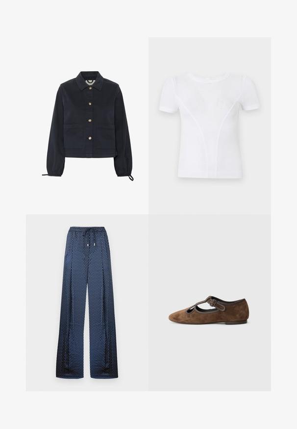Marineblå bomuldsjakke med krave, frontlukning med knapper og elastiske ærmer. Har to frontlommer og et cropped design.; Hvid kortærmet ribstrikket t-shirt med rund hals og diskrete buede sømdetaljer på forsiden.; Marineblå bukser med vide ben og hvide polkaprikker, elastik i taljen og snøre foran.; Brune ruskindsko med spidse tæer, der har udskårne designs og en dekorativ rem med spænde. Flad sål med en glat overflade.