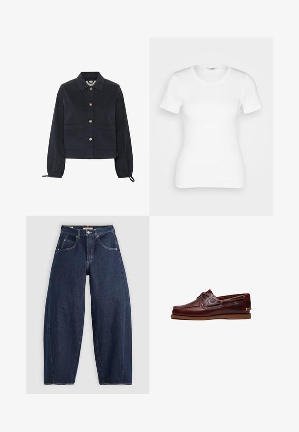 Marineblå bomuldsjakke med krave, frontlukning med knapper og elastiske ærmer. Har to frontlommer og et cropped design.; Hvid bomulds T-shirt med korte ærmer, rund halsudskæring og ribbet tekstur. Tætsiddende design med en glat, ren finish.; Mørkeblå denim jeans med løs pasform, lyse syninger, fem lommer og en knaplukning ved taljen.; Brun læder bådsko med snørre, syningsdetaljer og Timberland-logo på siden, vist på en hvid baggrund.