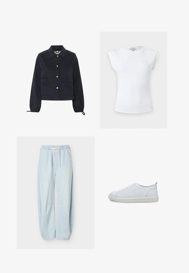 Marineblå bomuldsjakke med krave, frontlukning med knapper og elastiske ærmer. Har to frontlommer og et cropped design.; Hvid ribbet ærmeløs top med polstrede skuldre og rund halsudskæring, størrelse small, mærket Topshop indvendigt i kraven.; Lyseblå og hvide lodrette stribede løstsiddende bukser med elastisk talje og hvid snøre, med sidelommer.; Hvide lædersneakers med rund tå, seks snørehuller og en kontrasterende hvid gummisål. Har en subtil hælflap og stikninger.