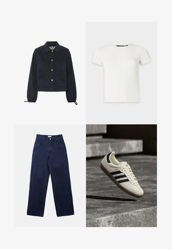 Marineblå bomuldsjakke med krave, frontlukning med knapper og elastiske ærmer. Har to frontlommer og et cropped design.; Hvid kortærmet ribstrikket t-shirt med rund halsudskæring, vist på en ensartet lys grå baggrund.; Mørkeblå denimbukser med lige ben, der har en frontknaplukning, bæltestropper og to forlommer.; Hvid Adidas Samba sneaker med sorte striber og gummsål, svævende over teksturerede grå betonstrin.