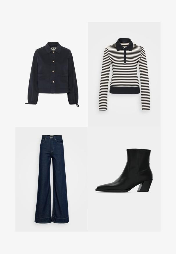 Marineblå bomuldsjakke med krave, frontlukning med knapper og elastiske ærmer. Har to frontlommer og et cropped design.; Stripet langærmet polo-shirt i creme og marineblå, med kravehals, knaplukning samt ribbede manchetter og kant.; Mørkeblå høj talje brede bukser med forlommer, bæltestropper, knaplukning og synlige syninger på en hvid baggrund.; Sortlæder ankelstøvle med spids tå, en slank silhuet og en kraftig firkantet hæl. Glat tekstur med minimale stikninger.