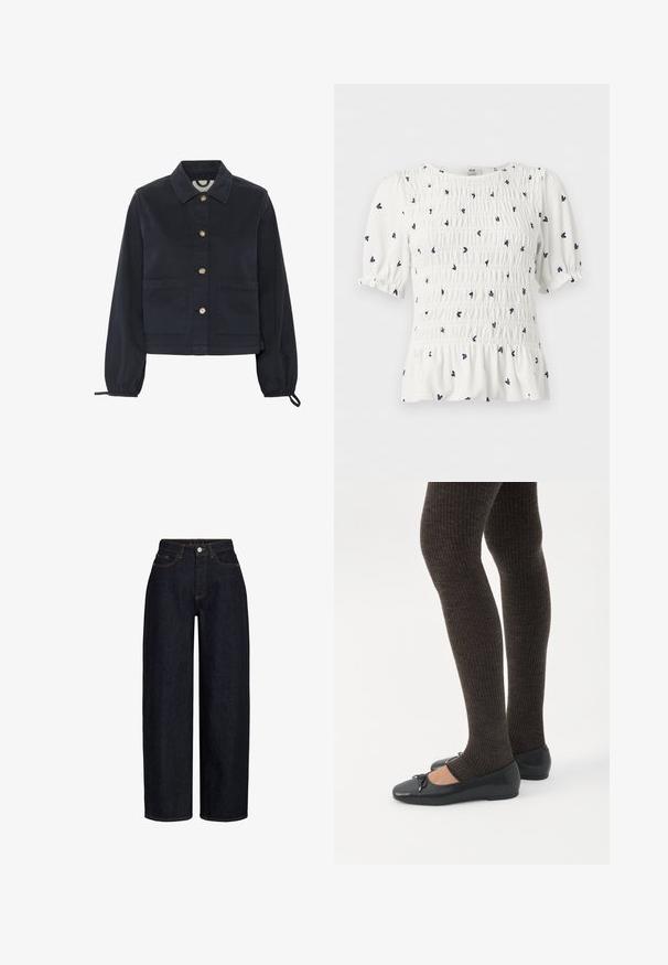 Marineblå bomuldsjakke med krave, frontlukning med knapper og elastiske ærmer. Har to frontlommer og et cropped design.; Hvid bluse med korte ærmer med sort lille blomstermønster, rynket krop, pufærmer og flæsekant forneden.; Mørkeblå vidde jeans med høj talje, der har forlommer, lynlås foran og kontrasterende syning. Glat tekstur.; Ben iført mørke ribbede leggings kombineret med sorte balletsko med små sløjfedetaljer på hvid baggrund.