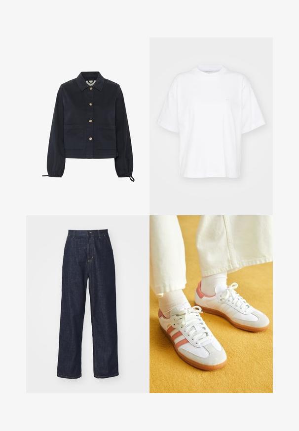 Veste en coton bleu marine avec col, fermeture avant à boutons et manches élastiquées. Comprend deux poches avant et un design court.; T-shirt en coton blanc avec un col rond, des manches courtes et une coupe décontractée. Présente un logo discret sur la zone gauche de la poitrine. Texture lisse.; Jeans en denim droit bleu foncé avec passants de ceinture, bouton avant et poches latérales sur fond blanc.; Baskets blanches avec des accents roses, en matériaux de daim et de cuir, à bout rond et semelle en caoutchouc, présentées avec des chaussettes claires sur un fond jaune.