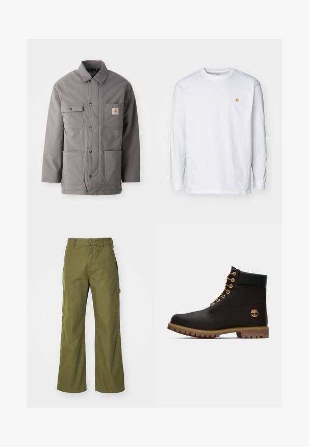 Veste grise résistante à l'eau avec une fermeture à boutons, deux poches sur la poitrine et deux poches inférieures. Elle possède un col standard et un patch logo.; T-shirt à manches longues blanc en coton. Présente un petit logo doré sur la poitrine et un col rond. Design simple et coupe standard.; Pantalons larges vert olive en tissu durable, dotés d'une fermeture à bouton, de poches latérales et d'un design à ourlet droit.; Bottine noire en cuir avec œillets dorés, accents marron et semelle en caoutchouc. Comprend un col rembourré et un logo estampé sur le côté.