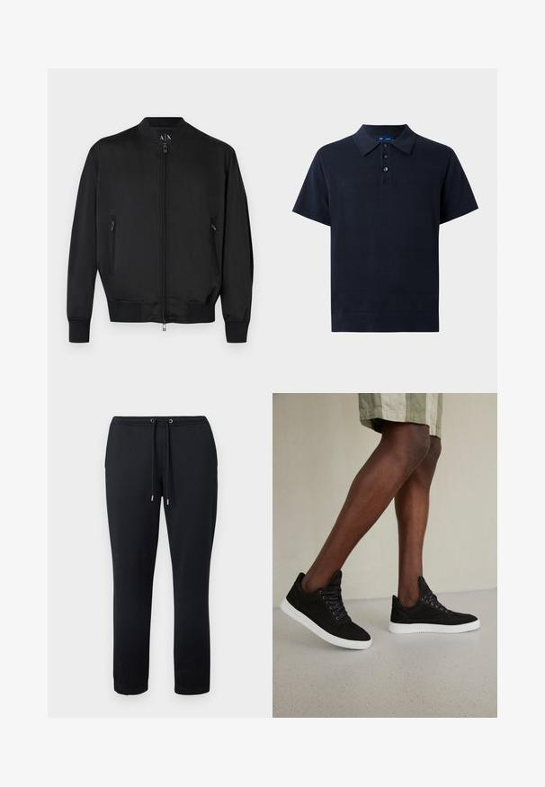 Blouson bomber noir avec fermeture éclair frontale, poches latérales zippées, poignets et ourlet côtelés, et petit logo embossé sur la poitrine.; Polo bleu marine à manches courtes avec patte à trois boutons et ourlet côtelé, présenté sur un fond clair uni.; Pantalon de survêtement noir en coton doux, doté d'une ceinture élastique avec cordons de serrage et de poignets fuselés pour un ajustement serré.; Baskets en suède noir avec semelles en caoutchouc blanc, dotées de lacets ronds, d'un design basse et d'une texture lisse.