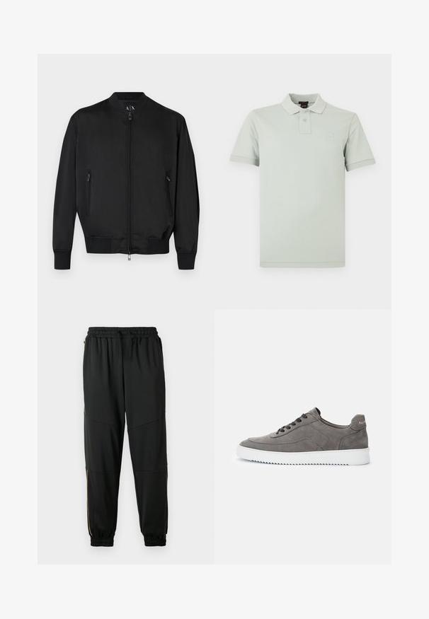 Blouson bomber noir avec fermeture éclair frontale, poches latérales zippées, poignets et ourlet côtelés, et petit logo embossé sur la poitrine.; Polo vert clair en coton. Dispose d'un col classique, d'une patte à deux boutons et d'un petit écusson logo sur la poitrine. Manches courtes.; Pantalons de sport noirs en tissu extensible, dotés d'une taille élastique, de poches zippées sur les côtés et de bas de pantalon à poignets avec des accents dorés contrastants.; Baskets basses en daim gris avec des lacets noirs et une semelle en caoutchouc blanche, vue latérale, montrant le nom de la marque sur la languette du talon.
