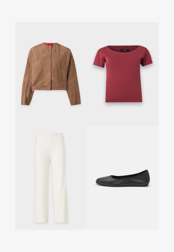 Veste courte en daim marron avec manches longues, col rond et deux poches avant, présentée sur un fond uni.; Haut pour femmes à manches courtes, de couleur rose foncé, avec un large décolleté en arrondi et une coupe ajustée, posé à plat sur un fond blanc.; Pantalon blanc droit avec une taille haute et un tissu lisse, présenté sur un fond uni clair.; Ballerines en cuir noir avec un bout rond, texture lisse, détails de couture minimalistes et design de semelle flexible.