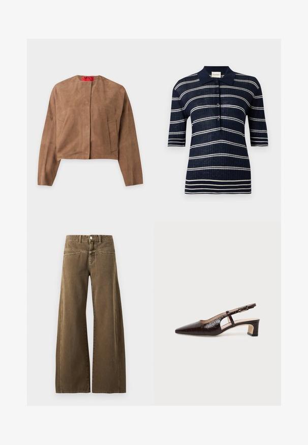 Veste courte en daim marron avec manches longues, col rond et deux poches avant, présentée sur un fond uni.; Polo bleu marine à manches courtes avec rayures horizontales blanches et patte boutonnée, texture côtelée et col pointu.; Pantalon marron taille haute à jambes larges avec bouton devant, passants de ceinture, et coutures visibles sur fond clair.; Chaussure slingback en cuir marron foncé à texture crocodile, bout pointu, talon bas bloc et bride ajustable avec boucle dorée.